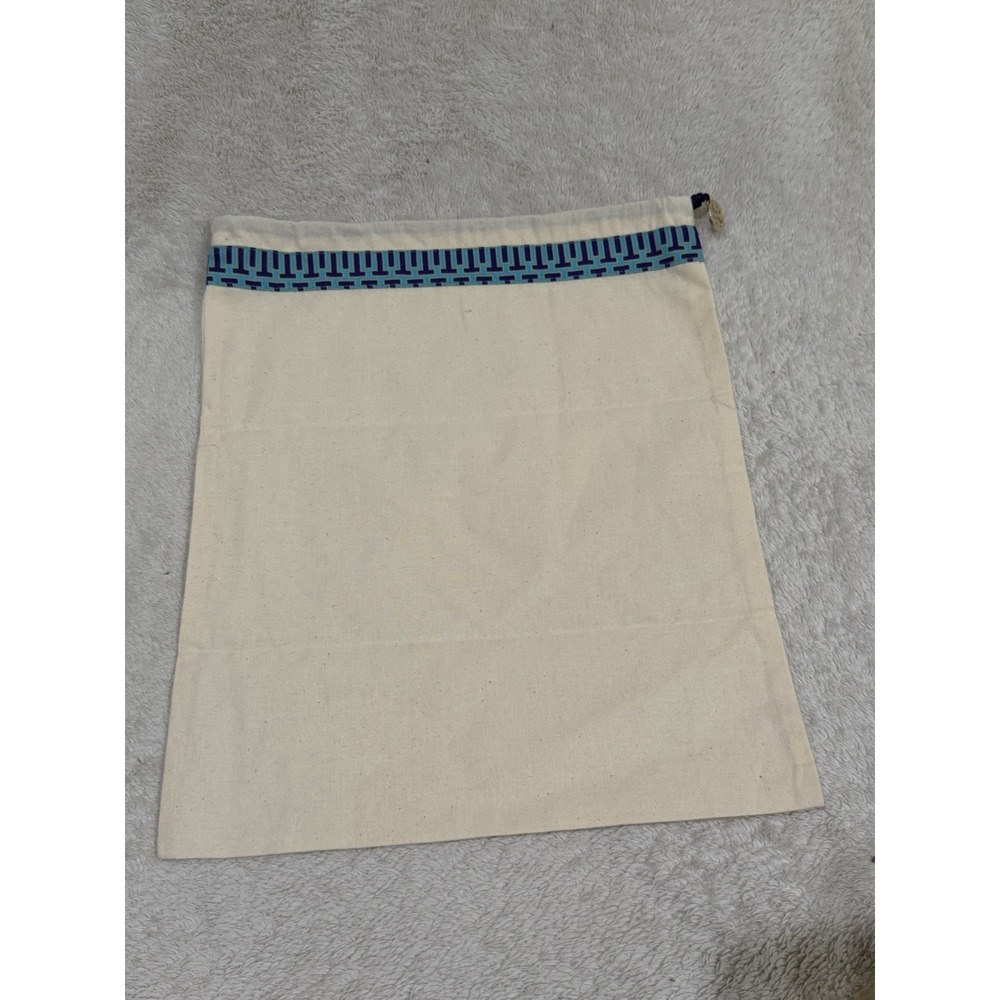 Tory‎ Burch Beige Canvas Duster Bag with Blue Gold Design with Logo Charm